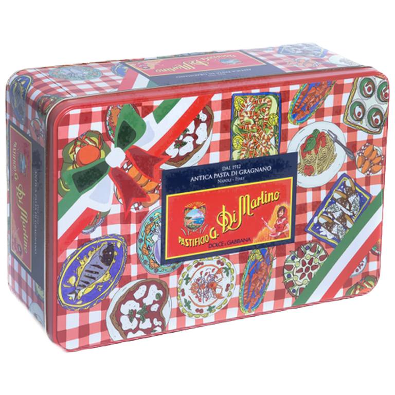 CB LATTA D&G Special Edition ML Pasta di Gragnano 5 x 500 gr – Metalowy zestaw pudełkowy 5 x 500 g makaronów IGP + 2 puszki pomidorów + 2 autorskie obrusiki D&G