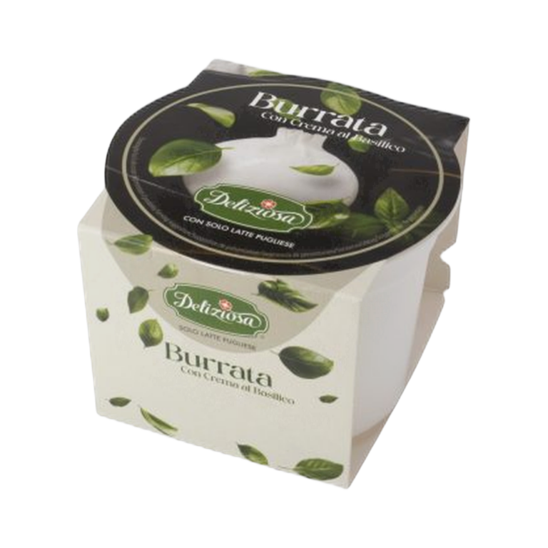 Burrata con crema al basilico Deliziosa 125 gr – Świeży ser typu pasta filata ze śmietankowym sercem i kremem bazyliowym 125 gr