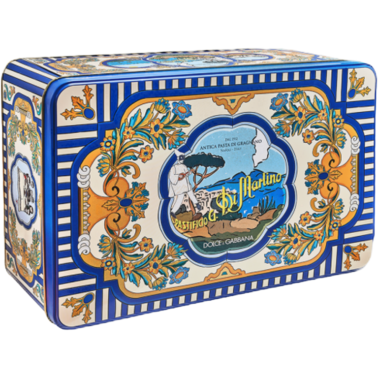CB LATTA D&G NAPOLI /AUTENTICA ML Pasta di Gragnano 5 x 500 gr – Metalowy zestaw pudełkowy 5 x 500 g makaronów IGP + 2 puszki pomidorów + autorski fartuszek D&G