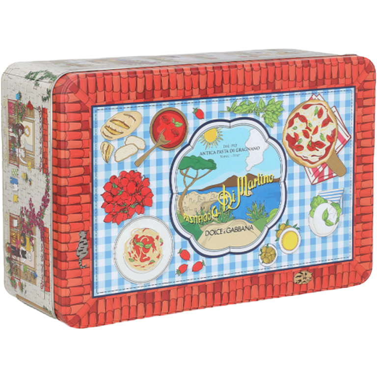 CB LATTA D&G CASA ITALIANA ML Pasta di Gragnano 5 x 500 gr – Metalowy zestaw pudełkowy 5 x 500 g makaronów IGP z Gragnano + autorski fartuszek D&G