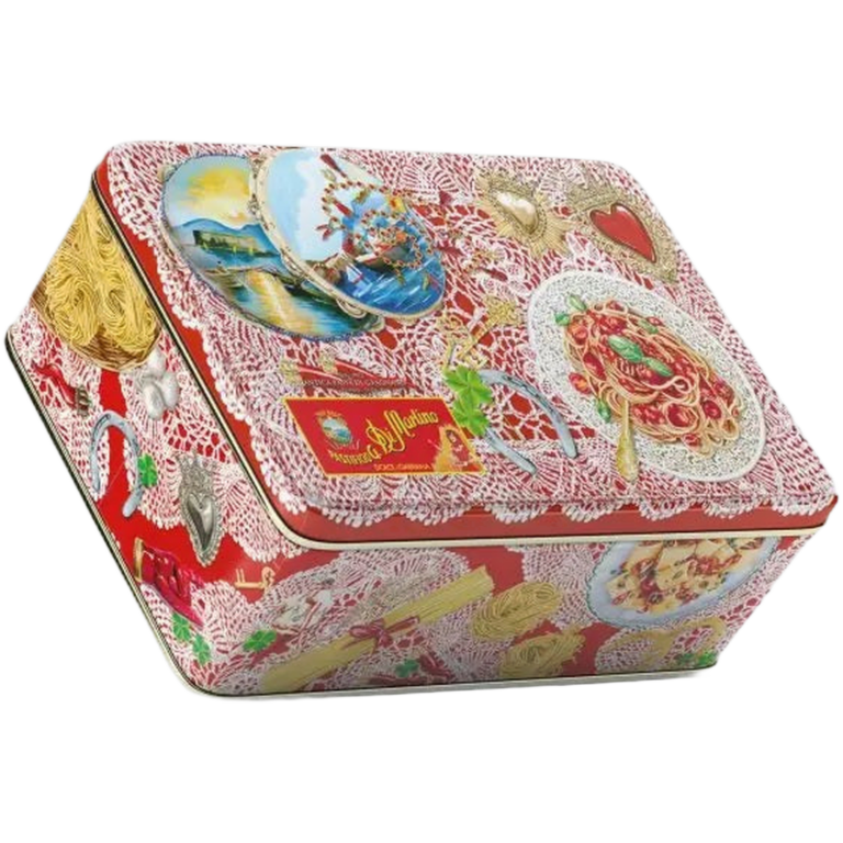 CB LATTA ML D&G PORTAFORTUNA Pasta di Gragnano 5 x 500 gr – Metalowy zestaw pudełkowy 5 x 500 g makaronów IGP + autorski fartuszek D&G